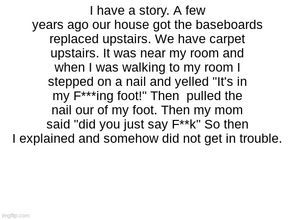 Story Time | I have a story. A few years ago our house got the baseboards replaced upstairs. We have carpet upstairs. It was near my room and when I was walking to my room I stepped on a nail and yelled "It's in my F***ing foot!" Then  pulled the nail our of my foot. Then my mom said "did you just say F**k" So then I explained and somehow did not get in trouble. | image tagged in blank white template | made w/ Imgflip meme maker