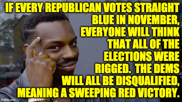 Try it! | IF EVERY REPUBLICAN VOTES STRAIGHT
BLUE IN NOVEMBER,
EVERYONE WILL THINK
THAT ALL OF THE
ELECTIONS WERE
RIGGED.  THE DEMS
WILL ALL BE DISQUALIFIED,
MEANING A SWEEPING RED VICTORY. | image tagged in memes,roll safe think about it,strategy,intelligence test | made w/ Imgflip meme maker