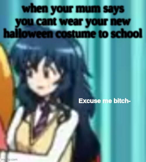 Excuse me bitch- | when your mum says you cant wear your new halloween costume to school | image tagged in excuse me bitch- | made w/ Imgflip meme maker