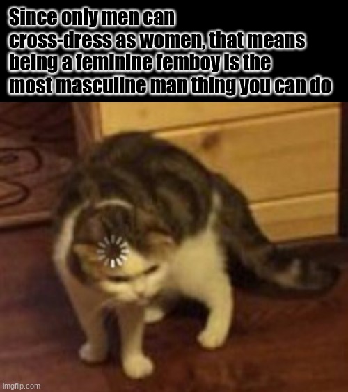 Insomnia gives good thoughts | Since only men can cross-dress as women, that means being a feminine femboy is the most masculine man thing you can do | image tagged in loading cat | made w/ Imgflip meme maker