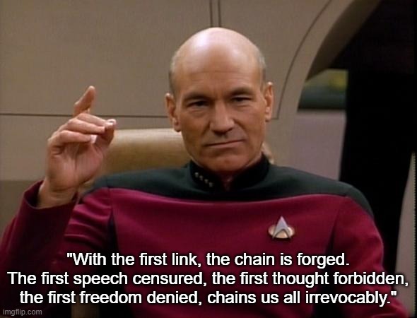 Picard Make it so | "With the first link, the chain is forged. The first speech censured, the first thought forbidden, the first freedom denied, chains us all i | image tagged in picard make it so | made w/ Imgflip meme maker