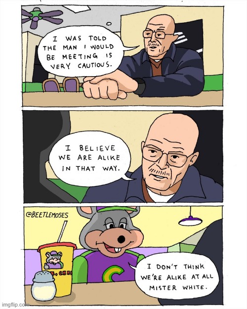 What? Who else were you expecting? | image tagged in memes,chuck e cheese,breaking bad,walter white,funny,comics/cartoons | made w/ Imgflip meme maker