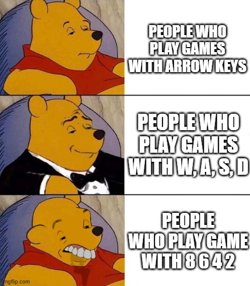 Best,Better, Blurst | PEOPLE WHO PLAY GAMES WITH ARROW KEYS; PEOPLE WHO PLAY GAMES WITH W, A, S, D; PEOPLE WHO PLAY GAME WITH 8 6 4 2 | image tagged in best better blurst | made w/ Imgflip meme maker