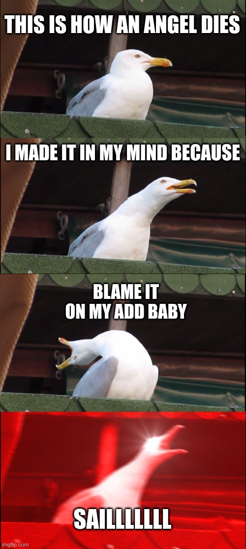 SAIL | THIS IS HOW AN ANGEL DIES; I MADE IT IN MY MIND BECAUSE; BLAME IT ON MY ADD BABY; SAILLLLLLL | image tagged in memes,inhaling seagull,sail | made w/ Imgflip meme maker