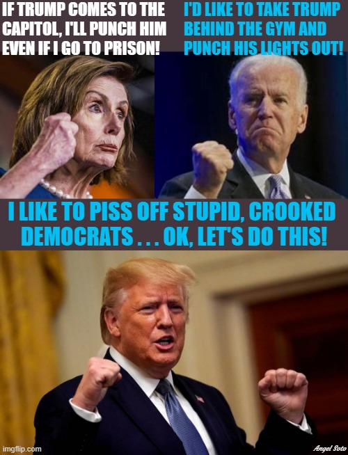 Pelosi and Biden want to punch Trump, Trump punches back | IF TRUMP COMES TO THE 
CAPITOL, I'LL PUNCH HIM
EVEN IF I GO TO PRISON! I'D LIKE TO TAKE TRUMP
BEHIND THE GYM AND
PUNCH HIS LIGHTS OUT! I LIKE TO PISS OFF STUPID, CROOKED 
DEMOCRATS . . . OK, LET'S DO THIS! Angel Soto | image tagged in political humor,trump,biden,pelosi,capitol hill,democrats | made w/ Imgflip meme maker
