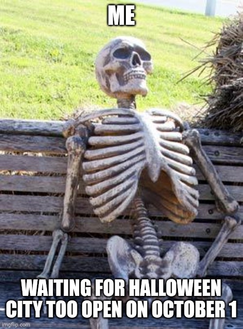 Just a little longer buddy | ME; WAITING FOR HALLOWEEN CITY TOO OPEN ON OCTOBER 1 | image tagged in memes,waiting skeleton,funny | made w/ Imgflip meme maker