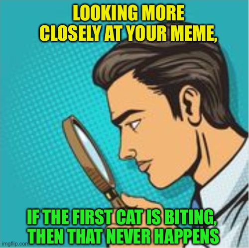 Looking through magnifying glass cartoon | LOOKING MORE CLOSELY AT YOUR MEME, IF THE FIRST CAT IS BITING,
 THEN THAT NEVER HAPPENS | image tagged in looking through magnifying glass cartoon | made w/ Imgflip meme maker