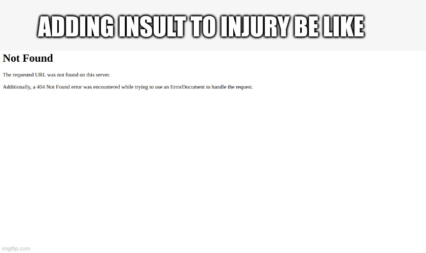 heheehhehehee | ADDING INSULT TO INJURY BE LIKE | image tagged in double not found,insult to injury | made w/ Imgflip meme maker