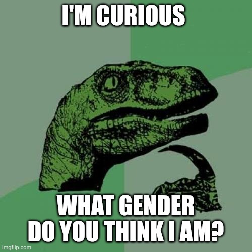 I'm curious | I'M CURIOUS; WHAT GENDER DO YOU THINK I AM? | image tagged in memes,philosoraptor | made w/ Imgflip meme maker
