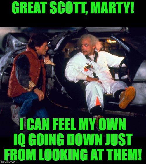 Marty and Doc Brown | GREAT SCOTT, MARTY! I CAN FEEL MY OWN IQ GOING DOWN JUST FROM LOOKING AT THEM! | image tagged in marty and doc brown | made w/ Imgflip meme maker
