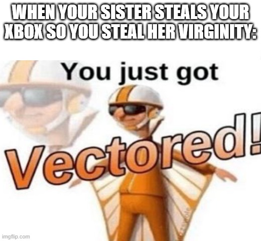 you just got vectored | WHEN YOUR SISTER STEALS YOUR XBOX SO YOU STEAL HER VIRGINITY: | image tagged in vector,you just got vectored | made w/ Imgflip meme maker