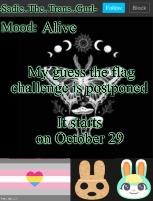 Also anyone remember that election for lgbt stream president? | Alive; My guess the flag challenge is postponed; It starts on October 29 | image tagged in sadiesannouncement temp | made w/ Imgflip meme maker