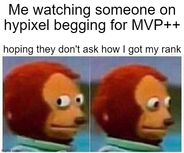 =_= | Me watching someone on hypixel begging for MVP++; hoping they don't ask how I got my rank | image tagged in memes,monkey puppet | made w/ Imgflip meme maker