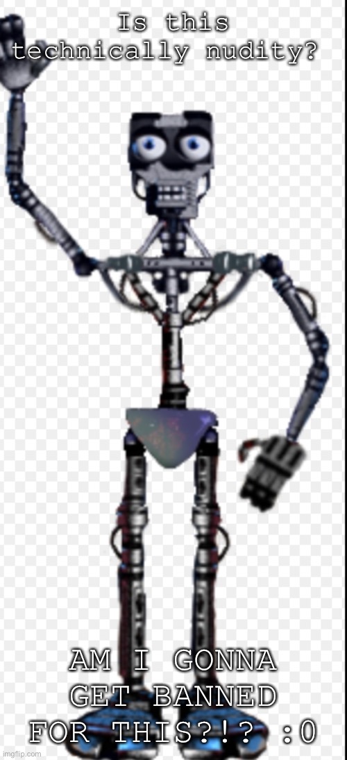 :0 is it?!? | Is this technically nudity? AM I GONNA GET BANNED FOR THIS?!? :0 | image tagged in endoskeleton | made w/ Imgflip meme maker