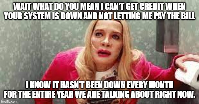 Do Customer Service They Said | WAIT WHAT DO YOU MEAN I CAN'T GET CREDIT WHEN YOUR SYSTEM IS DOWN AND NOT LETTING ME PAY THE BILL; I KNOW IT HASN'T BEEN DOWN EVERY MONTH FOR THE ENTIRE YEAR WE ARE TALKING ABOUT RIGHT NOW. | image tagged in pay the bill,billing reps,customer service | made w/ Imgflip meme maker