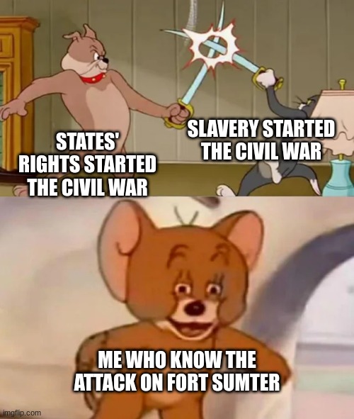 I HAVE SPOKEN | SLAVERY STARTED THE CIVIL WAR; STATES' RIGHTS STARTED THE CIVIL WAR; ME WHO KNOW THE ATTACK ON FORT SUMTER | image tagged in tom and spike fighting,civil war | made w/ Imgflip meme maker