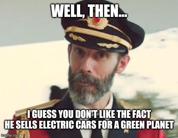 Captain Obvious | WELL, THEN... I GUESS YOU DON'T LIKE THE FACT HE SELLS ELECTRIC CARS FOR A GREEN PLANET | image tagged in captain obvious | made w/ Imgflip meme maker