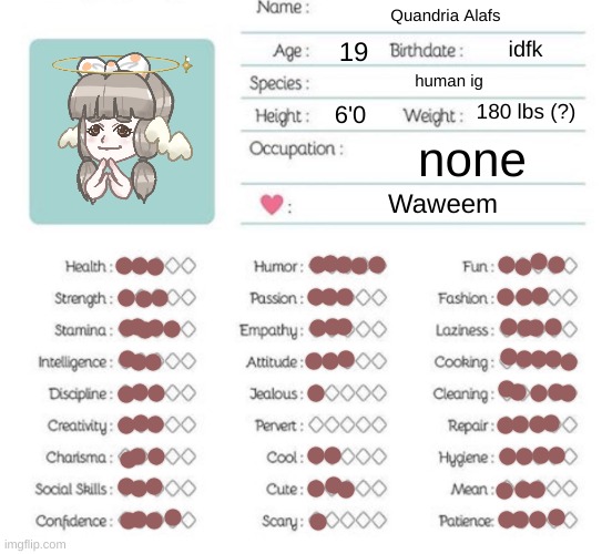 idk why I did this | Quandria Alafs; idfk; 19; human ig; 180 lbs (?); 6'0; none; Waweem | image tagged in oc info chart | made w/ Imgflip meme maker