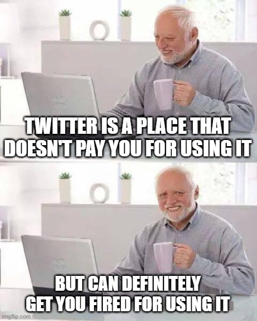 twitter blues | TWITTER IS A PLACE THAT DOESN'T PAY YOU FOR USING IT; BUT CAN DEFINITELY GET YOU FIRED FOR USING IT | image tagged in memes,hide the pain harold | made w/ Imgflip meme maker