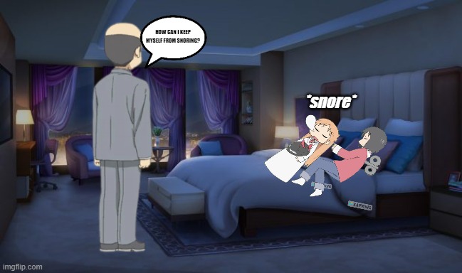 Hakase snoring | HOW CAN I KEEP MYSELF FROM SNORING? *snore* | image tagged in night bedroom,snoring | made w/ Imgflip meme maker