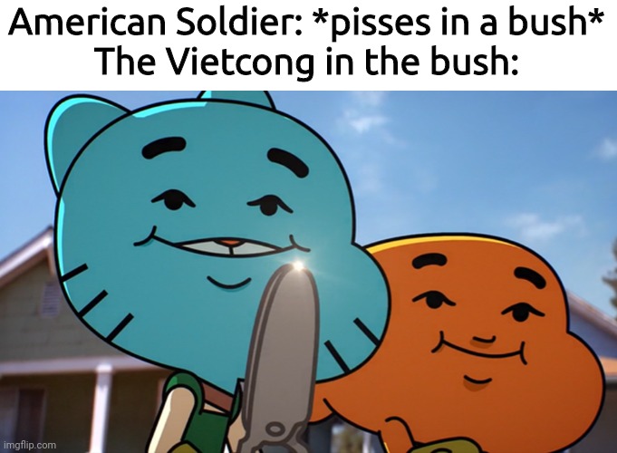 I stole this from Twitter | American Soldier: *pisses in a bush*
The Vietcong in the bush: | made w/ Imgflip meme maker