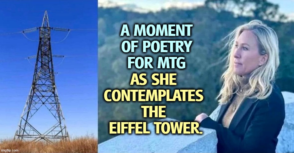 "Ain't nuthin' like this in Alpharetta." | A MOMENT OF POETRY FOR MTG; AS SHE 
CONTEMPLATES 
THE 
EIFFEL TOWER. | image tagged in mtg,paris,eiffel tower,moron | made w/ Imgflip meme maker
