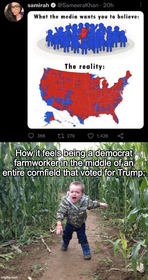 Conservatives Once Again Not Understanding Population Density | How it feels being a democrat farmworker in the middle of an entire cornfield that voted for Trump: | image tagged in corn maze kid,democrats,republicans,donald trump,politics | made w/ Imgflip meme maker