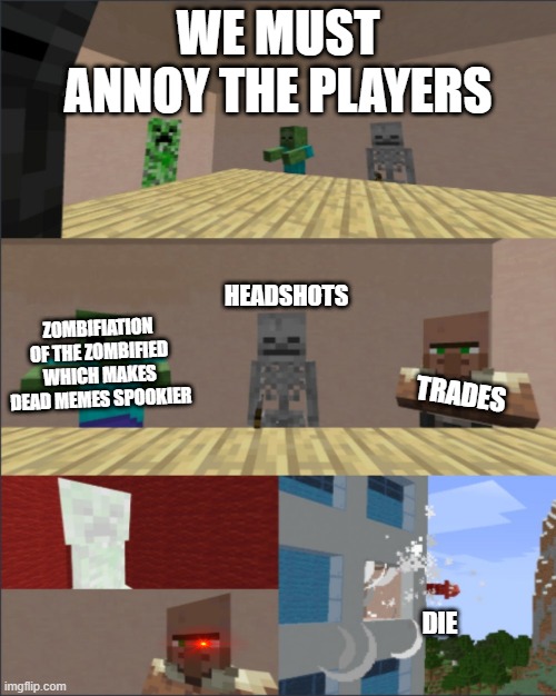 w3srjhuy67it |  WE MUST ANNOY THE PLAYERS; HEADSHOTS; ZOMBIFIATION OF THE ZOMBIFIED WHICH MAKES DEAD MEMES SPOOKIER; TRADES; DIE | image tagged in minecraft boardroom meeting | made w/ Imgflip meme maker