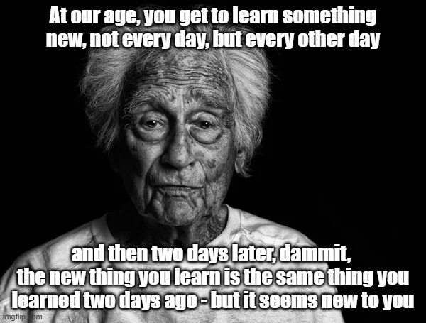 Old man learning something new | At our age, you get to learn something new, not every day, but every other day; and then two days later, dammit, 
the new thing you learn is the same thing you learned two days ago - but it seems new to you | image tagged in old,brain memories,learning | made w/ Imgflip meme maker