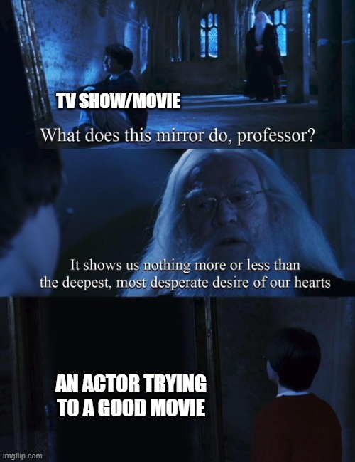An actor trying to a TV show or movie | TV SHOW/MOVIE; AN ACTOR TRYING TO A GOOD MOVIE | image tagged in what does this mirror do professor,memes | made w/ Imgflip meme maker