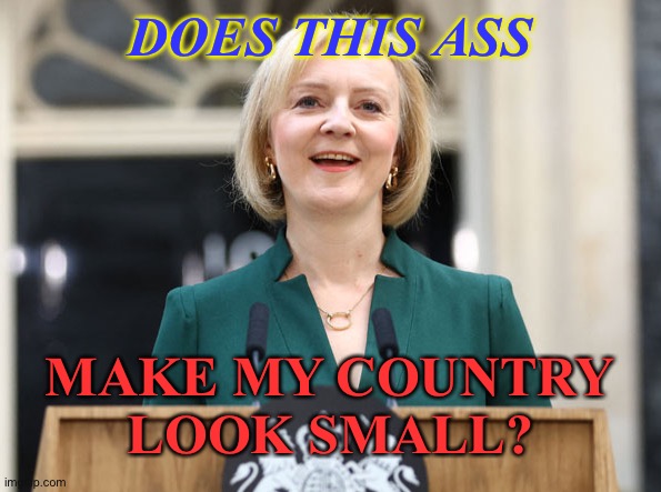 Does This Ass Make My Country Look Small? | DOES THIS ASS; MAKE MY COUNTRY
LOOK SMALL? | image tagged in liz truss | made w/ Imgflip meme maker