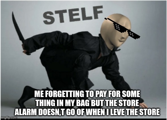 this happend to me one time but i found out and ended up still paying for it,never steal its not cool | ME FORGETTING TO PAY FOR SOME THING IN MY BAG BUT THE STORE ALARM DOESN,T GO OF WHEN I LEVE THE STORE | image tagged in stelf | made w/ Imgflip meme maker