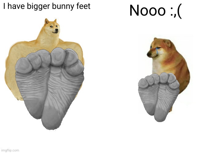 Buff Doge vs. Cheems Meme | I have bigger bunny feet; Nooo :,( | image tagged in memes,buff doge vs cheems | made w/ Imgflip meme maker