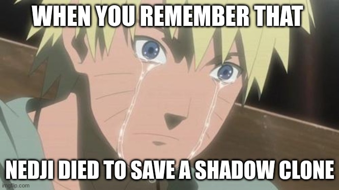 Finishing anime | WHEN YOU REMEMBER THAT; NEDJI DIED TO SAVE A SHADOW CLONE | image tagged in finishing anime | made w/ Imgflip meme maker