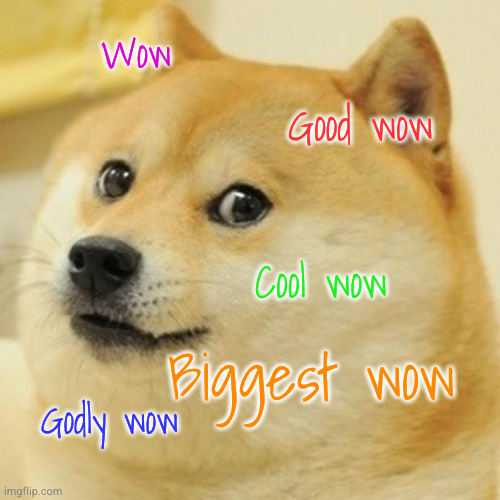 Doge Meme | Wow; Good wow; Cool wow; Biggest wow; Godly wow | image tagged in memes,doge | made w/ Imgflip meme maker