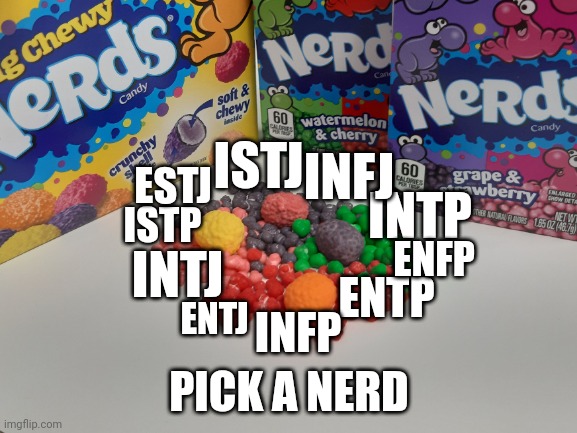 Have a nerd pt 2. | ISTJ; INFJ; ESTJ; INTP; ISTP; ENFP; INTJ; ENTJ; ENTP; INFP; PICK A NERD | image tagged in blank white template,mbti,myers briggs,candy,personality,nerds | made w/ Imgflip meme maker