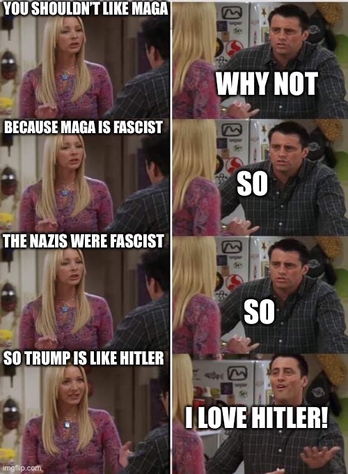 Phoebe Joey | YOU SHOULDN’T LIKE MAGA; WHY NOT; BECAUSE MAGA IS FASCIST; SO; THE NAZIS WERE FASCIST; SO; SO TRUMP IS LIKE HITLER; I LOVE HITLER! | image tagged in phoebe joey | made w/ Imgflip meme maker