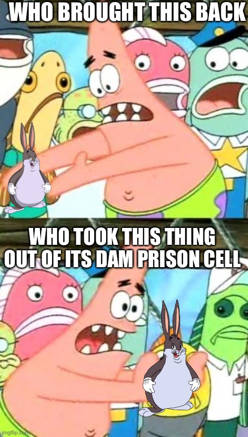 Put It Somewhere Else Patrick Meme | WHO BROUGHT THIS BACK; WHO TOOK THIS THING OUT OF ITS DAM PRISON CELL | image tagged in memes,put it somewhere else patrick,fun,please stop | made w/ Imgflip meme maker