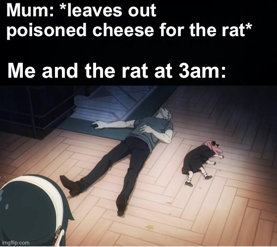 Bruh |  Mum: *leaves out poisoned cheese for the rat*; Me and the rat at 3am: | image tagged in black background,memes,unfunny | made w/ Imgflip meme maker