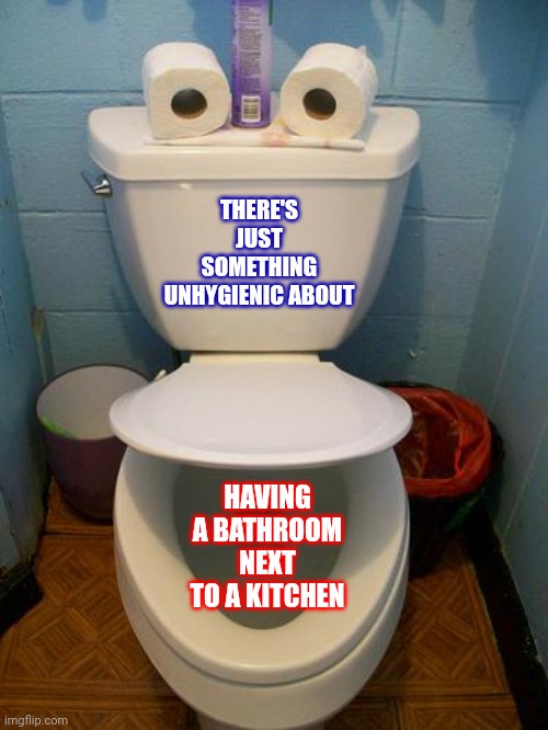 Pet Peeve |  THERE'S JUST SOMETHING UNHYGIENIC ABOUT; HAVING A BATHROOM NEXT TO A KITCHEN | image tagged in im a toilet,nasty,unhygienic,germs,gross,memes | made w/ Imgflip meme maker