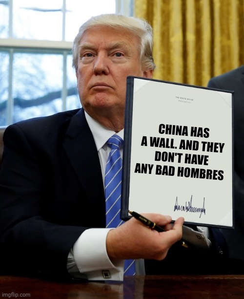 Executive order | CHINA HAS A WALL. AND THEY DON'T HAVE ANY BAD HOMBRES | image tagged in executive order | made w/ Imgflip meme maker