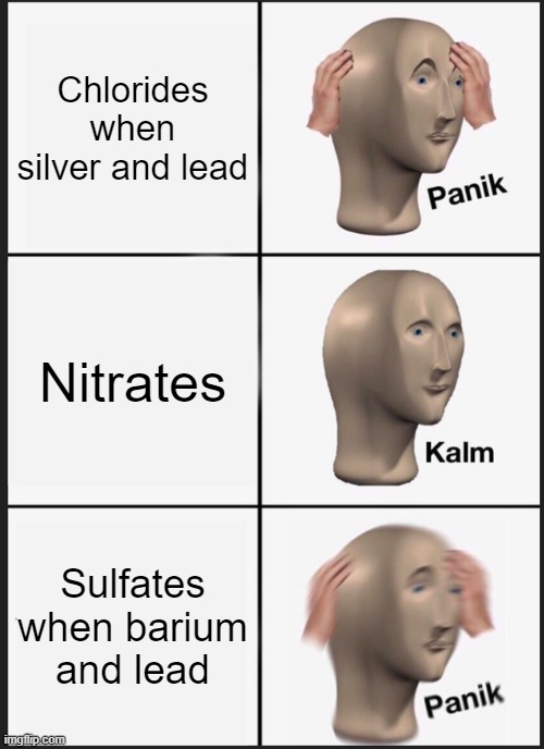 Solubility rules for chlorides and sulfates | Chlorides when silver and lead; Nitrates; Sulfates when barium and lead | image tagged in memes,panik kalm panik | made w/ Imgflip meme maker