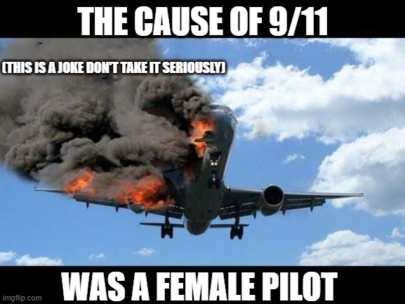 Im Muslim so I can post this. | THE CAUSE OF 9/11; (THIS IS A JOKE DON'T TAKE IT SERIOUSLY); WAS A FEMALE PILOT | image tagged in plane crash | made w/ Imgflip meme maker