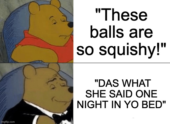 DAS WHAT SHE SAAAAAAID | "These balls are so squishy!"; "DAS WHAT SHE SAID ONE NIGHT IN YO BED" | image tagged in memes,tuxedo winnie the pooh | made w/ Imgflip meme maker