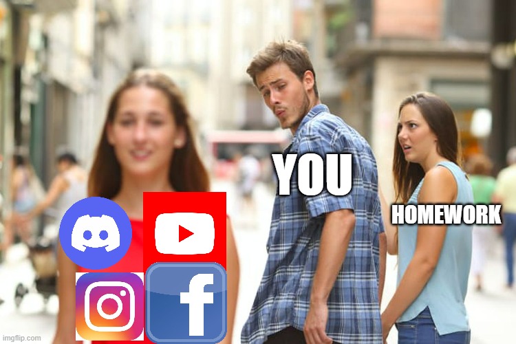 Distraction | YOU; HOMEWORK | image tagged in memes,distracted boyfriend | made w/ Imgflip meme maker
