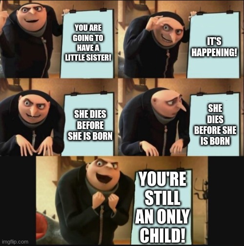 . | YOU ARE GOING TO HAVE A LITTLE SISTER! IT'S HAPPENING! SHE DIES BEFORE SHE IS BORN; SHE DIES BEFORE SHE IS BORN; YOU'RE STILL AN ONLY CHILD! | image tagged in 5 panel gru meme | made w/ Imgflip meme maker