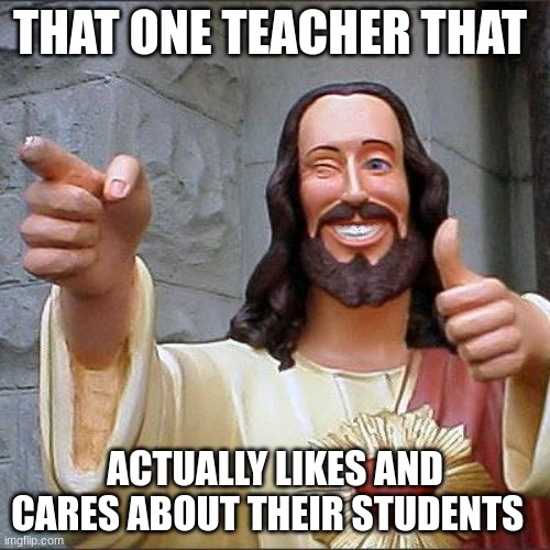 Buddy Christ | THAT ONE TEACHER THAT; ACTUALLY LIKES AND CARES ABOUT THEIR STUDENTS | image tagged in memes,buddy christ | made w/ Imgflip meme maker