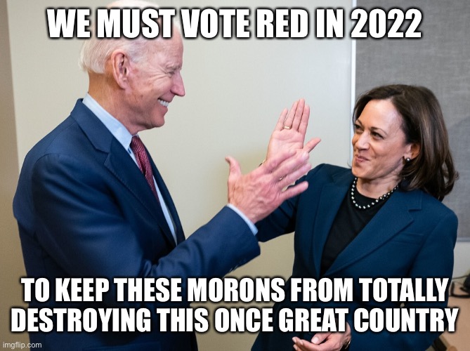 Biden Harris Failure | WE MUST VOTE RED IN 2022; TO KEEP THESE MORONS FROM TOTALLY DESTROYING THIS ONCE GREAT COUNTRY | image tagged in biden harris failure | made w/ Imgflip meme maker