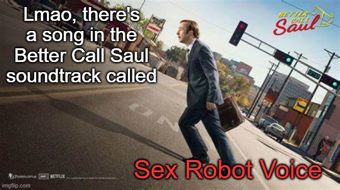 Best song ever | Lmao, there's a song in the Better Call Saul soundtrack called; Sex Robot Voice | image tagged in better call saul template | made w/ Imgflip meme maker