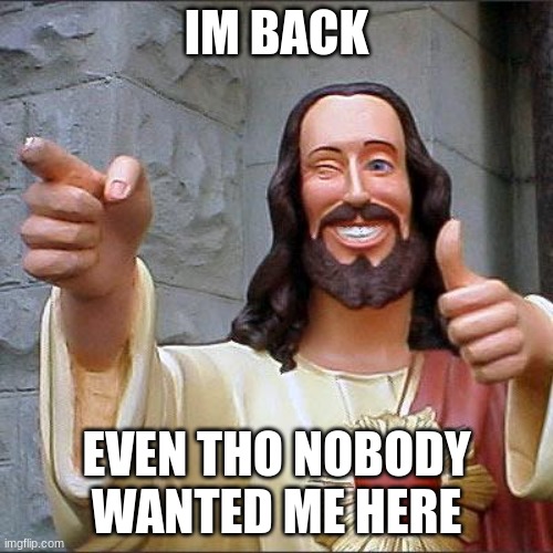 hehehaw | IM BACK; EVEN THO NOBODY WANTED ME HERE | image tagged in memes,buddy christ | made w/ Imgflip meme maker
